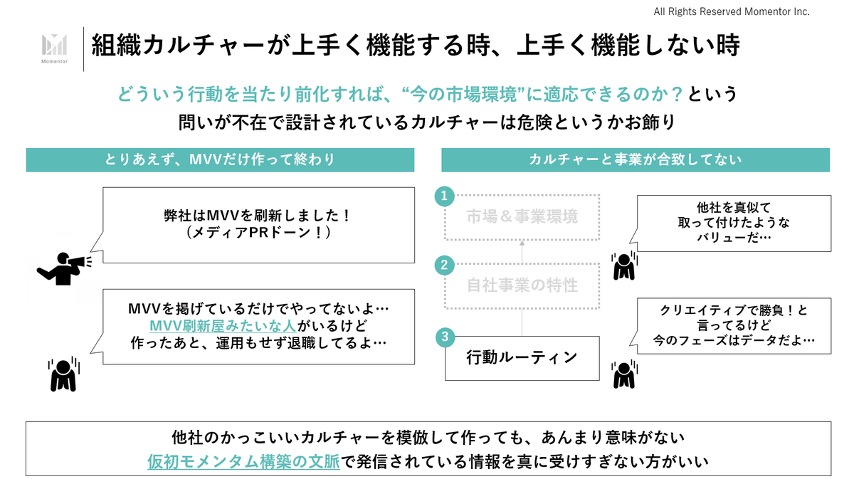 fuuuuuta21's tweet photo. ▼「強いカルチャー」を作っているつもりが、むしろ「 脆いカルチャー」を生み出す構造について

Ch1.強いカルチャーの意義とは何か？
・強いカルチャーの意義を定義すると、「各事業の勝ちパターンとなる行動を特定し、行動ルーティン化することで、実行水準を上げ、業績向上に繋げること」である

・強さについて、①実行密度×②事業接続度の2つに分けて考えた時に、①の実行密度に注意が向きがちである

・つまり、「あの会社は強いカルチャーを持っているよね」が、「同じような行動規範・水準を持っている人が揃っているよね」を表しているということである

・一方で、②の事業接続度が低い場合は、「バリュー自滅」といえる現象が発生するので注意が必要である

Ch.2:「強いカルチャー」と「脆いカルチャー」
・近年、MVV概念などの隆盛により、「バリュー(行動規範)」を言語化することが良しとされる風潮にある

・ただし、言語化というのは「◯◯が正しい」を強く定義化していくものであり、ある意味では「事業や組織を滅ぼす呪縛」となりえる

・前述のように、強さ＝①実行密度×②事業接続度の2つに分かれており、後者の事業接続度が低いorむしろ逆行する虞があるという話である

・抽象的な表現をすれば、「強いカルチャー」を作っているつもりが、「脆いカルチャー」を作っているということである

Ch.3:「私は私らしく」と人生の袋小路化
・組織論的な話よりも身近な例で、まずはこの現象を解説する

・皆様も今までの人生の中で、「私は私らしく生きる」と言いつつ、「え？その生き方、本当はあなたを不幸にしてはいないかい…？」という現象を見たことはないだろうか

・言語化や自己定義化というものは、「自分はこういう人間であるからこうする」という方向づけの原動力になる一方で、「そうではない自己」を許容できなくなるリスクも生み出す。

・「いやいや、別の生き方もあるよ」「その生き方によって、不幸になってる気がするよ」を指摘したとて、本人が「そう決めたから」となって聞く耳持たずとなってしまう

・このように自己定義化には、「誓約によるエネルギー」と「制約による視野狭窄化」の両面が存在している、という性質をまずは抑えておく必要がある

・組織論で考えると、「レトリカルヒストリー」には有用性がある一方で、「自社の自滅神話」になってしまうかもしれないという話でもある

Ch.4:「強いカルチャー」と「バリュー自滅」
・「組織カルチャー論」の隆盛とは裏腹に、バリューの言語化によって「事業と組織拡大が停滞する現象」を度々観察している

・Ch1の定義に則ると、②の事業接続性とは関係のないor逆行するようなバリューを掲げてしまい、「自社の成長を阻害する」ということであり、これを「バリュー自滅」と坂井は読んでいる

・坂井自身、今まで様々な事業に携わる中で、「いやいや、この事業の勝ち筋となる行動はクリエイティブでなくて、データでしょ…」と思うときもあった

・なぜこの「バリュー自滅「が発生しているのか？と考えると、様々な要因があると思うが、3つくらいある

・解説すると、①バリューが事業合理性と関係なく設定されている(謎の他社憧れ等)、②すでに古くなっているものを踏襲している(前の事業フェーズ/市場攻略の時には合理的であったものが放置)、③負の側面を捉えられていない(抜擢人事をすればいい等)などが存在している

・「言語化」や「自己定義化」の威力は凄まじく、「そういうバリューに設定したでしょ」で封殺され、しまいには「カルチャーの濃度が下がる」という抽象的な感覚論で遮断されてしまう

・「カルチャーの密度が下がる」という発言を聞くたびに、なかなかの純血マルフォイだなと思っている。

Ch.5:「カルチャー」と「カルト」の境界線
・ビジョナリー・カンパニーにて、「カルト的なカルチャー」が称賛されたが、これはCh.1の①実行密度の話と捉えている

・また、「ビジョナリー・カンパニーで掲げられた企業が失速してるじゃないか！」という分析にあるように、本書の話をどこまで正しいと考えるか？は本当は考えるべき問いとも思う

・坂井個人としては、「カルト的なカルチャー」の光と闇る

・「カルチャー」と「カルト」の境界線については、「リスクの否認」＝「排他性」と考えており、「私たちのやっていることは正しい」「よそ者には分からない」は、その死亡ルートを淡々となぞっていく

・「地獄への道は善意で舗装されている」というが、カルチャーと盲目的に合体した人々によって、「この組織カルチャーによって事業・組織が衰退していないか？」というような発言は、異教徒として扱われ、潰されるリスクがある

Ch6：「仮初モメンタム」と「ポジティブ潔癖症」
・本来的には、それらの意見を取り入れるための「心理的安全性」が、「ポジティブなことしか発言してはいけない」「(仮初)モメンタムを下げてはいけない」という「ポジティブ潔癖症」と合体し、むしろ建設的な意見を遮断するという皮肉が起きるときもある

・「うちのカルチャーは特殊だからね」という排他的なATフィールドによって、すべての意見は封殺され、自社の状況不適合になった「バリュー(行動指針)」を見直せなくなる、というのは、もはやカルチャーではなくカルトであるかもしれない

Ch.7：不毛な出自イデオロギーバトル
・スタートアップにおいて、近年観察している現象が「出自イデオロギーバトル」である

・特に、DX SaaS領域で発生しやすい領域であるが、異なる出自の経営陣や役員陣が名を連ねることから、この無駄なバトルが始まる

・登場人物は4名であり、①自分の腕っぷしで事業を拡大してきた経営者、②コーポレート観点を補強するために追加されたプロファーム出身のCXO、③被DX領域出身のドメインエキスパート、④メガベンチャー出身の役員が大体のパターンとなる

・何が起きるかというと、①～④それぞれが「自分の出自が最強」と思っているということである

・①「事業を伸ばしてきたのは自分である」、②「プロフェッショナリズムがあの人達には足りない」、③「あいつらはドメインを良く知らない」、④「私がいちばんバランス良く考えられている(そうでもない」という感じで、それぞれが部族主義に囚われて、イデオロギーバトルを繰り返す

・そもそも、前職の元◯◯を引きずり、「私がいた(エクセレントな会社の)◯◯社では～」と言っている出羽守はどうかと思う。

Ch.8：「持論はあるが、理論はない」
・上記を繰り返しつつ、「あの企業がやっている施策がいいらしいよ」等で、自らの前職/出自に近い企業の施策をパッチワーク的に模倣しようとするが、その企業も本当に上手くいっているか？なんて分からない

※これは大企業DXでもよくあるが、「上手くいっている風のブラフ」を模倣しない方がいい

・そして、マネジメント方針や基盤が整わずに、経営陣のポリシーがバラバラであり、現場のマネージャー陣以前に、経営陣の不仲問題が深刻化していく

・ただ、「持論はあるが、理論はない」ので、好き勝手、自分のマネジメントポリシーを話して終わる

⇒だから、理論を入れた方がいいと坂井は思っている

という話をスレッドにある動画で解説しました！