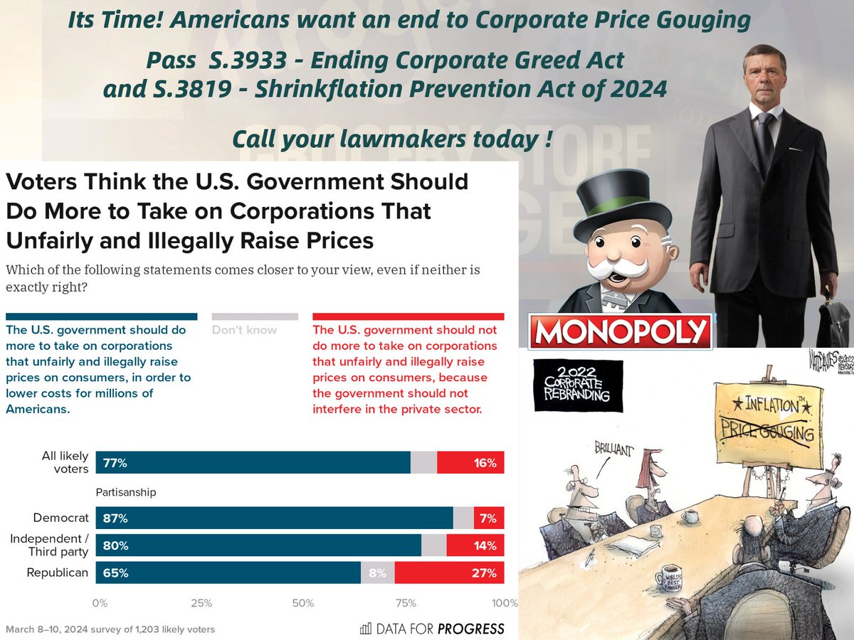 Sen Schumer @SenSchumer Why is the ' Ending Corporate Greed Act' and the 'Shrinkflation Prevention Act of 2024' just sitting in the senate committees right now? Polls show that Joe Biden and Democrats cannot tiptoe around the greedflation issue any longer. More than 19 in 20