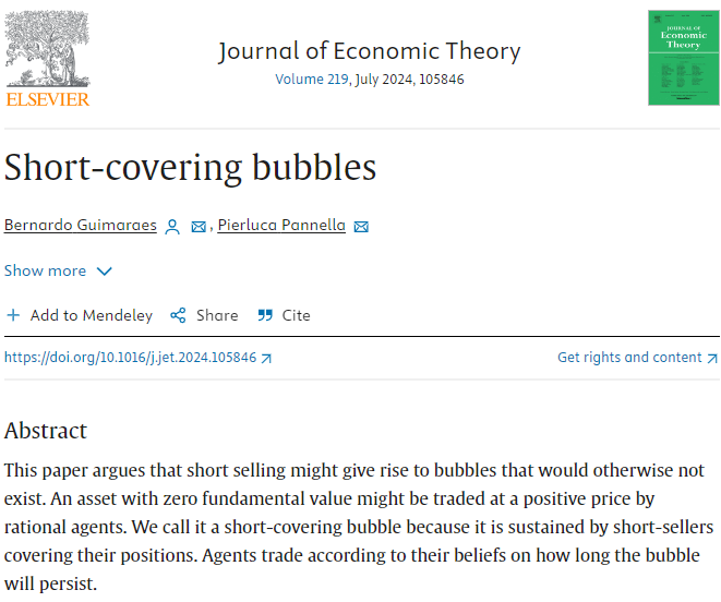 BernardoGmrs's tweet photo. Inspired by the GameStop episode in 2021, Pierluca Pannella and I wrote a model arguing that short selling could give rise to bubbles. The paper has just been published -- coinciding with the latest surge in GameStop share prices. https://t.co/srtN59KaK2 https://t.co/zBVRqkGau4