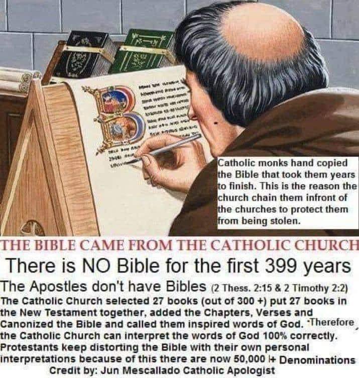 I will never tire of correcting these obtuse & arrogant Protestants thinking that asking Catholics this question is some kind of own.

The Bible is a Catholic book. It is a Catholic creation. We compiled it for you. Using the Bible to “disprove” Catholicism is like using sugar to