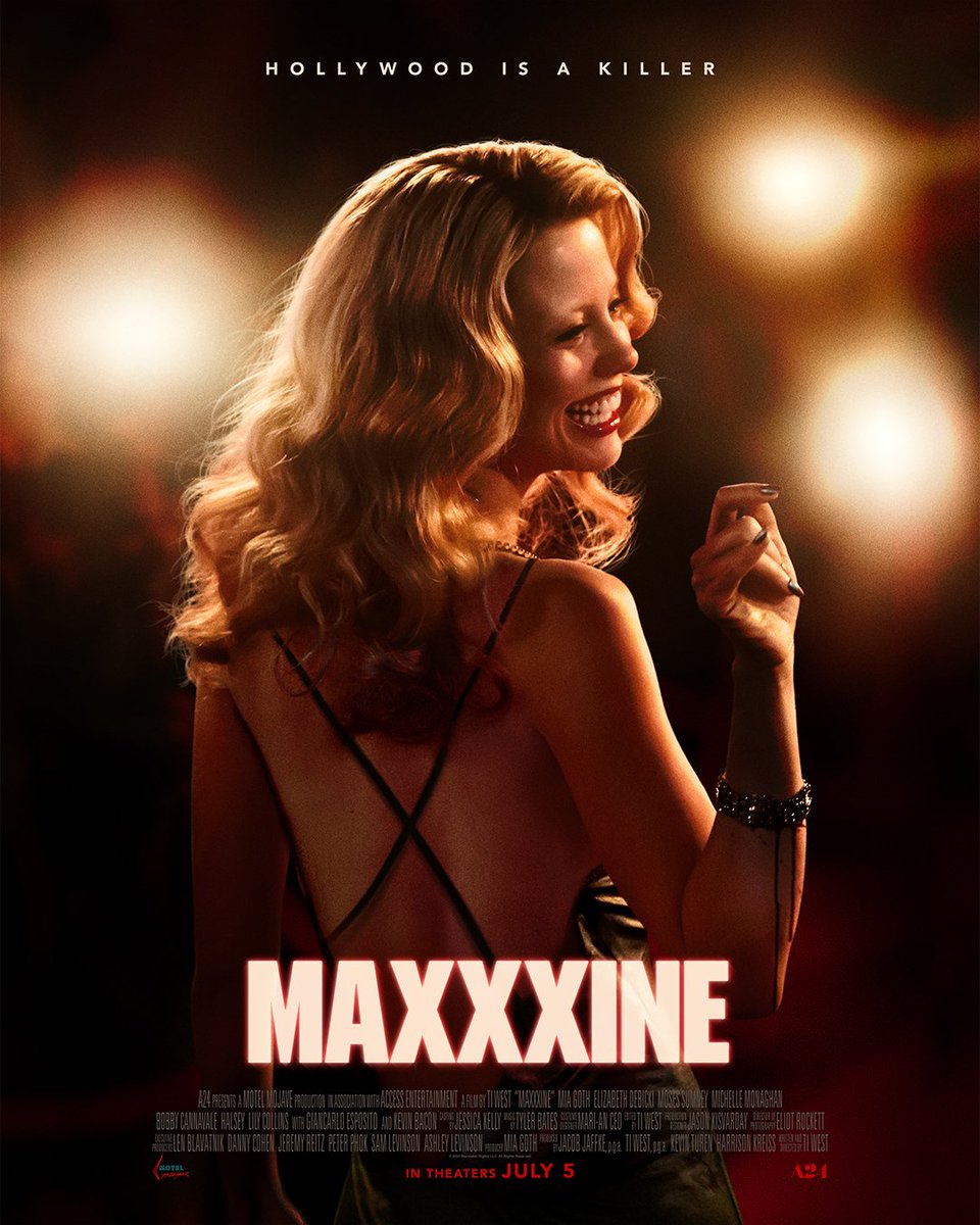 MaXXXine (2024) - Official Poster 'In 1980s Hollywood, adult film star and aspiring actress Maxine Minx finally gets her big break. But as a mysterious killer stalks the starlets of Hollywood, a trail of blood threatens to reveal her sinister past.' In theaters July 5