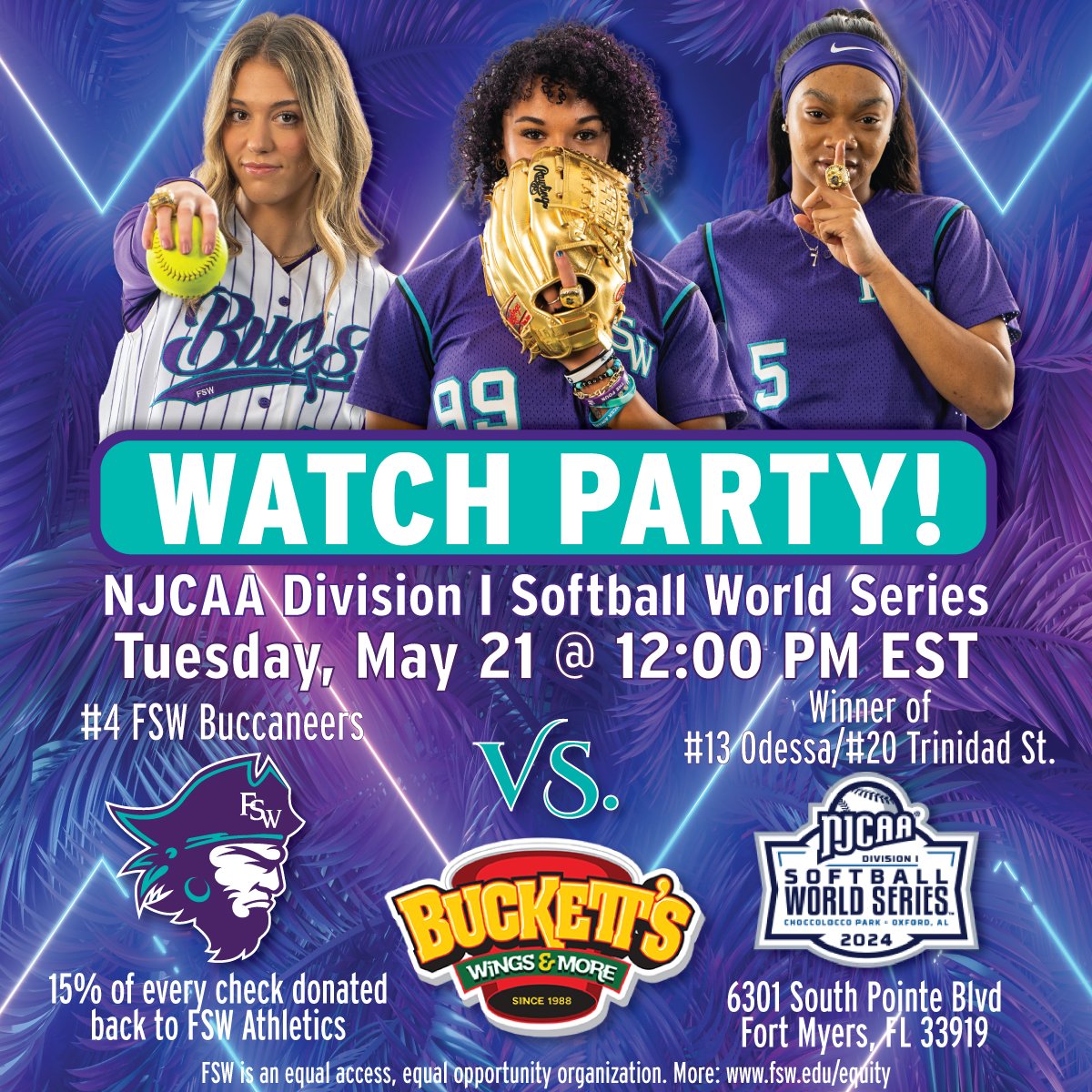 Florida SouthWestern Buccaneers (@fswbucs) on Twitter photo Once again Buckett's in Fort Myers will be the place to be this week as the Florida SouthWestern State Buccaneers compete for their fourth consecutive NJCAA National Championship in Oxford, Alabama.Β  Join other FSW fans at the Bucs Official Watch Party at Buckett's for every game Once again Buckett's in Fort Myers will be the place to be this week as the Florida SouthWestern State Buccaneers compete for their fourth consecutive NJCAA National Championship in Oxford, Alabama.Β  Join other FSW fans at the Bucs Official Watch Party at Buckett's for every game