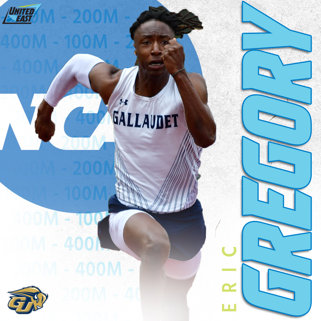 Gregory Going for Gold x3🥇🥇🥇 #RisingUnited Gallaudet's Eric Gregory returns to the National Championship, qualifying for THREE events including the 100m, 200m and 400m! Prelims start on Thursday and Friday in Myrtle Beach, S.C.!