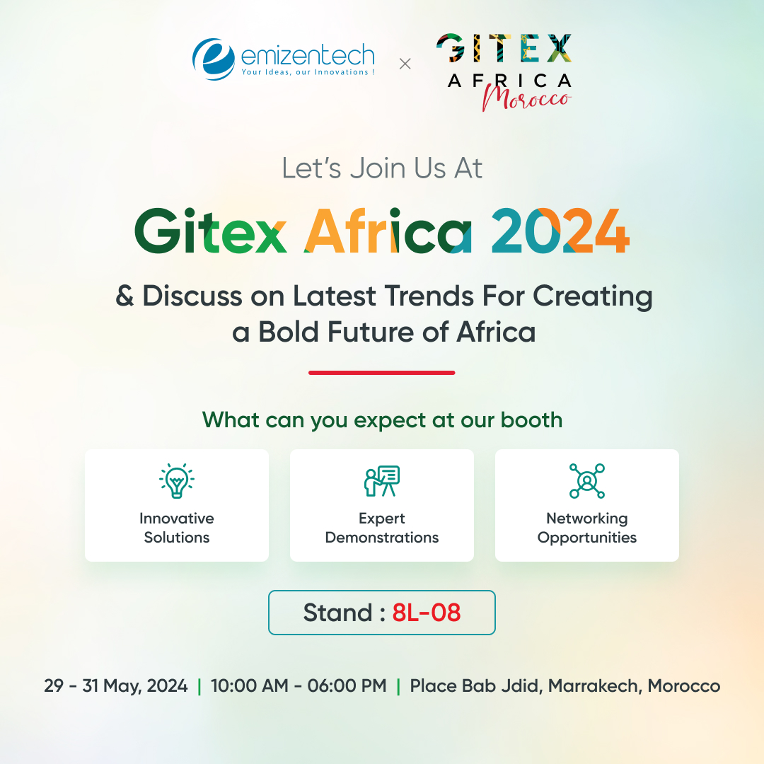 Emizen Tech is heading to #GitexAfrica 2024! Join us in Morocco from May 29-31 to explore the latest in #app and #web development powered by #AI and #IoT. Visit our stand from 10 am-6 pm and discover how we shape the digital future. Book a meeting now: emizentech.com/gitex-africa.h…