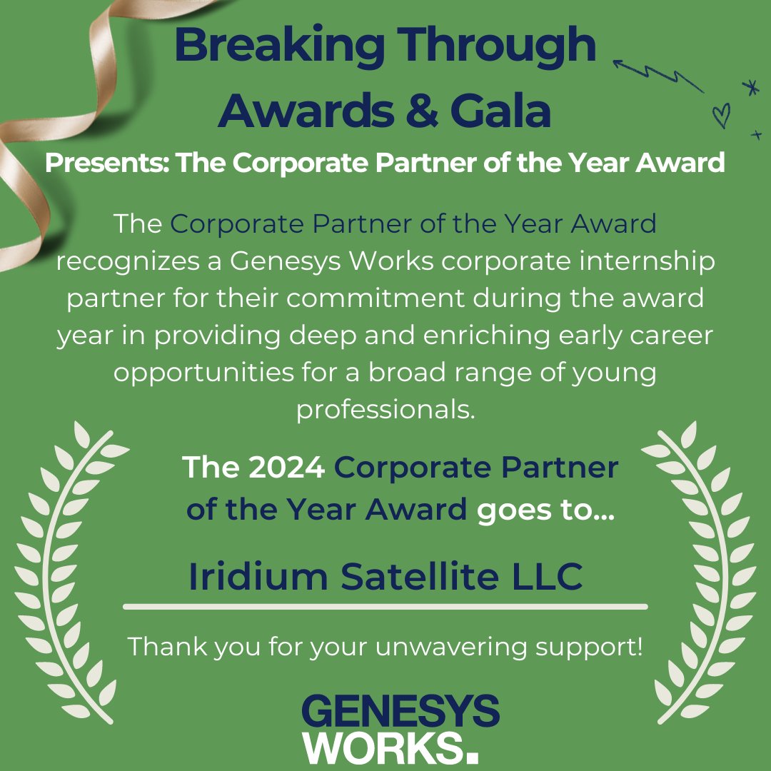Big Announcement! - We are proud to announce our 2024 Corporate Partner of the Year winner - Iridium! Thank you, Iridium, for your dedication in support of our mission. Iridium creates opportunities to extend and enhance communications everywhere.
#BreakingThrough2024