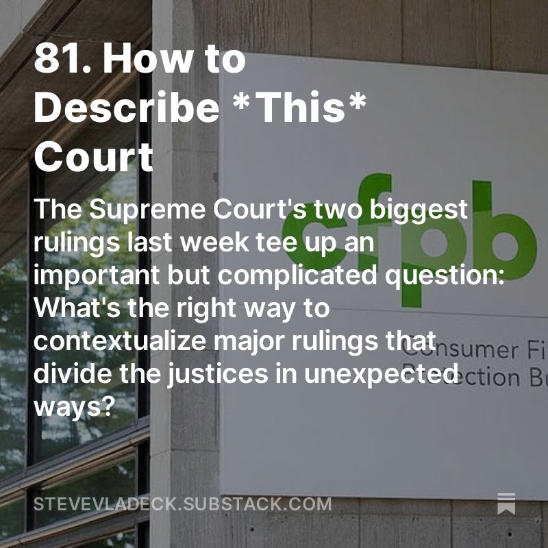 For this week’s regular issue of “One First,” I wrote about last week’s CFPB and Louisiana redistricting rulings—and some of the difficulties that can arise from efforts to categorize #SCOTUS based on individual decisions (and a shifting, and Court-controlled baseline):