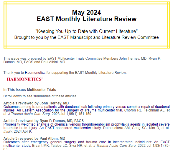 This month’s EAST Monthly Literature Review on Multicenter Trials is brought to you by John Tierney, MD, Ryan P. Dumas, MD, FACS and Paul Albini, MD. Thank you to our sponsor @HaemoneticsCorp! Read the #EASTLitReview here and share your feedback: bit.ly/4dM21tE