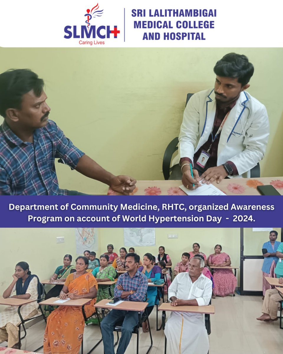 Department of Community Medicine, RHTC, organized Awareness Program on account of World Hypertension Day -2024.

#SLMCH #srilalithambigai #savinglives #DRMGR #MGRERI #awarenessprogram #hypertension #communitymedicine #RHTC #worldhypertensionday
