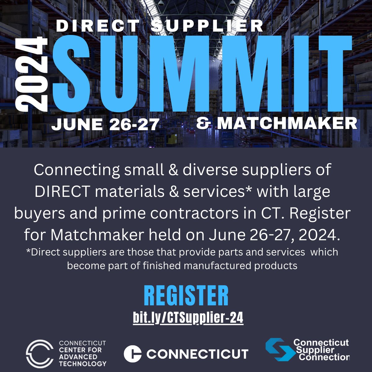 Join us! 4th Annual DirectSupplier Summit and Business MatchMaker! Don't miss this chance for virtual one-on-one connections with top buyers across Connecticut on June 26&27 Register: bit.ly/44C38rI @ctsbdc proud cohosts Thank you @CCATInc #BusinessMatchMaker #CTSBDC