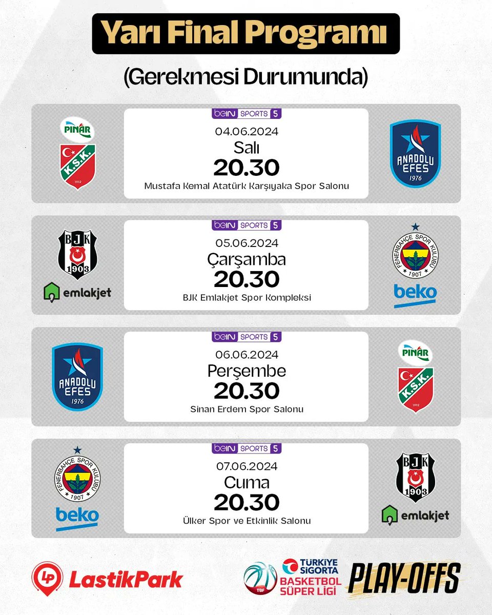 Türkiye Sigorta Basketbol Süper Ligi'nde play-off yarı final maçlarının programı belli oldu.