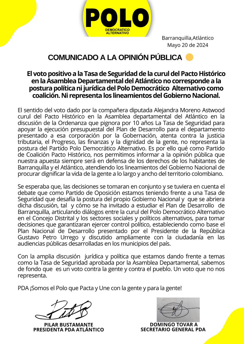 PDA_Atlantico's tweet photo. Comunicado 📢
🟡Frente al voto positivo dado por curul del Pacto Histórico a favor de la pignoración de la Tasa de Seguridad para el departamento del Atlántico. 

@PoloDemocratico 
@petrogustavo 
@infopresidencia 
@FranciaMarquezM https://t.co/zjV2Rbu9XZ