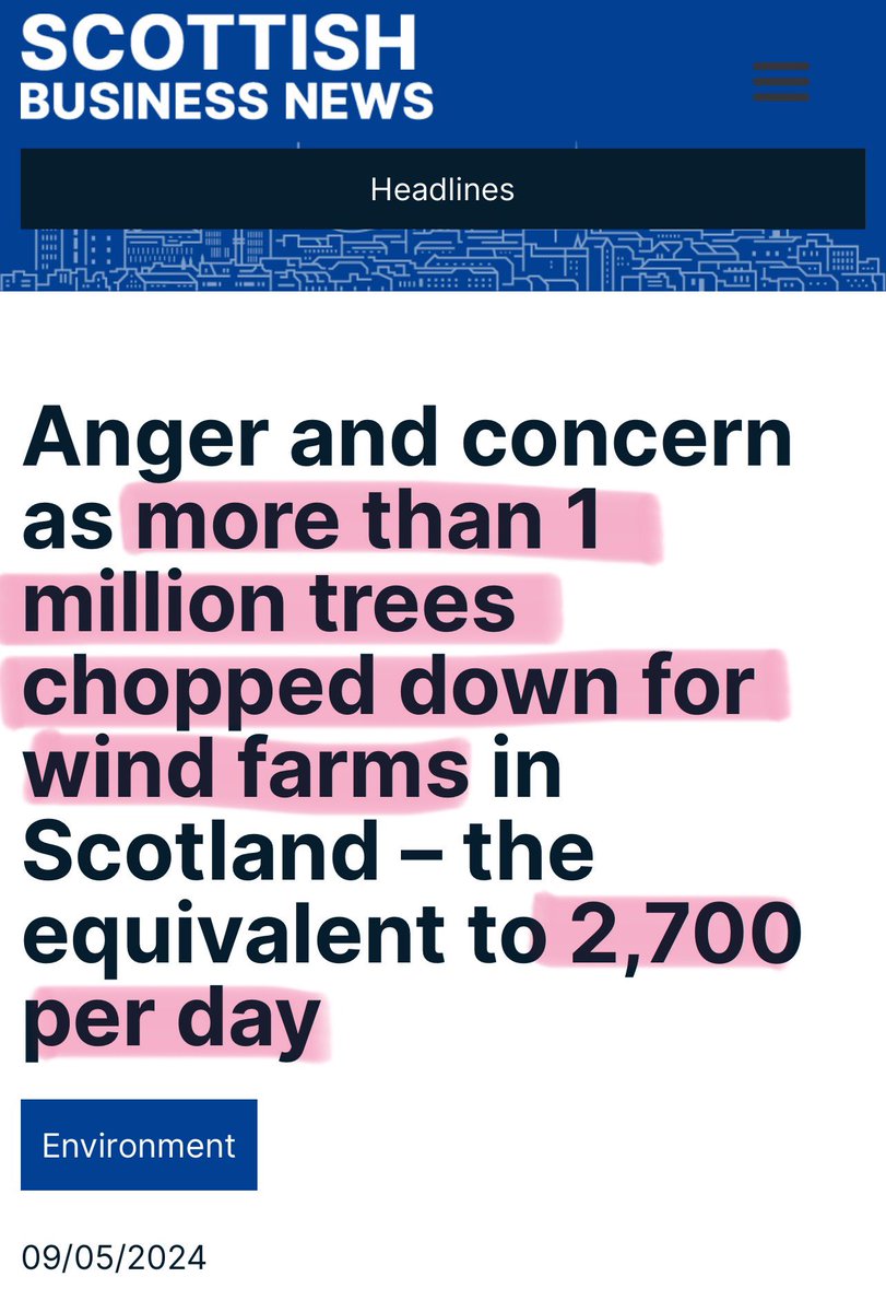 SCOTLAND - Has chopped down 1 MILLION trees in the last year to make way for wind farms … ….to add to the 17 million trees its already chopped down. Because Scotland leads the world in ‘saving the planet’ by chopping down trees 🤡
