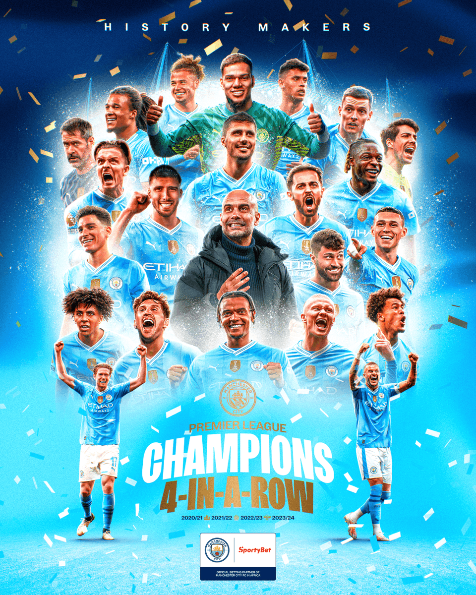 🎉 Big congrats to Manchester City on clinching their fourth consecutive EPL title! 🏆🏆🏆🏆 What a remarkable feat! 🥳 As proud partners of SportyBet in Africa, we celebrate this historic moment with you! 🌟 #MCFC #EPLChampions #SportyBetWinners #Legends