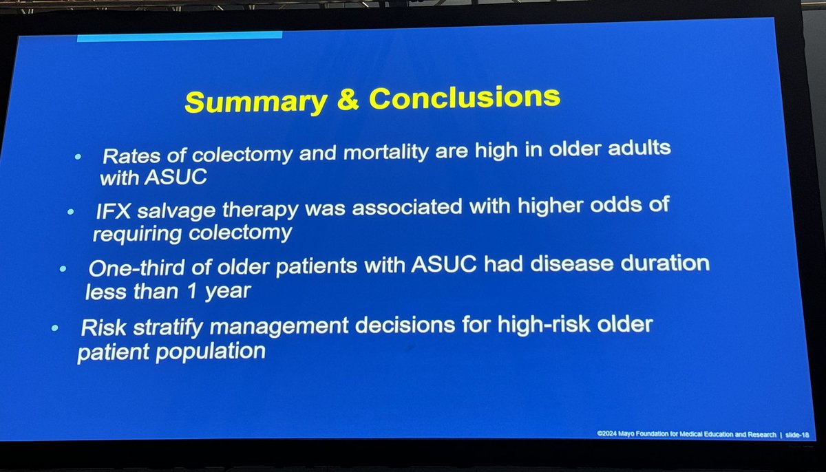 Mayo Clinic Gastroenterology & Hepatology (@mayoclinicgihep) on Twitter photo <a href="/NavreetChowlaMD/">Navreet Chowla, MD, FACG</a> presents exciting data <a href="/DDWMeeting/">Digestive Disease Week</a>
Outcomes of acute severe ulcerative colitis in the elderly
👉84% = Mayo score 3
👉1️⃣ in 5️⃣ had C diff
👉1️⃣ in 3️⃣ = colectomy in 3️⃣0️⃣ days
👉Infliximab use associated with #colectomy
#IBD #DDW2024 <a href="/MayoClinic/">Mayo Clinic</a> <a href="/AmerGastroAssn/">American Gastroenterological Association (AGA)</a> <a href="/NavreetChowlaMD/">Navreet Chowla, MD, FACG</a> presents exciting data <a href="/DDWMeeting/">Digestive Disease Week</a>
Outcomes of acute severe ulcerative colitis in the elderly
👉84% = Mayo score 3
👉1️⃣ in 5️⃣ had C diff
👉1️⃣ in 3️⃣ = colectomy in 3️⃣0️⃣ days
👉Infliximab use associated with #colectomy
#IBD #DDW2024 <a href="/MayoClinic/">Mayo Clinic</a> <a href="/AmerGastroAssn/">American Gastroenterological Association (AGA)</a>
