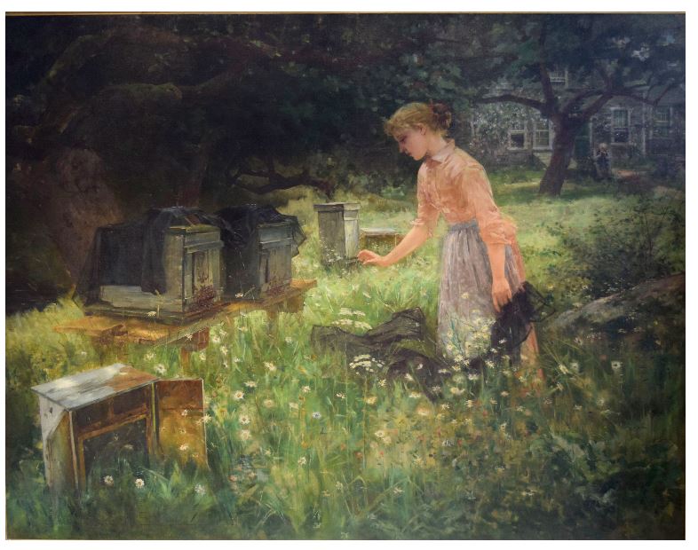 #TheVictorianBookoftheDead #WorldBeeDay Telling the Bees, Hugo Breuil, 1890. In addition to telling the bees of the household death, the young lady is craping the beehives to put them into mourning, so the bees do not die or fly away.