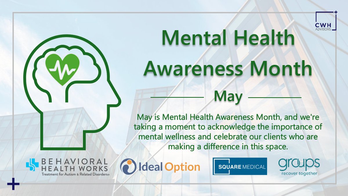 CWH Advisors (@cwhadvisors) on Twitter photo May is Mental Health Awareness Month, prioritize your well-being with resources and support to take care of your mental health. Our clients <a href="/bhwcares/">BHWCares</a>, <a href="/GroupsRecover/">GroupsRecoverTogether</a>, Square Medical and <a href="/Ideal_Option/">Ideal Option</a> are doing amazing work in the mental health space!
#MentalHealth #CWHAdvisors May is Mental Health Awareness Month, prioritize your well-being with resources and support to take care of your mental health. Our clients <a href="/bhwcares/">BHWCares</a>, <a href="/GroupsRecover/">GroupsRecoverTogether</a>, Square Medical and <a href="/Ideal_Option/">Ideal Option</a> are doing amazing work in the mental health space!
#MentalHealth #CWHAdvisors