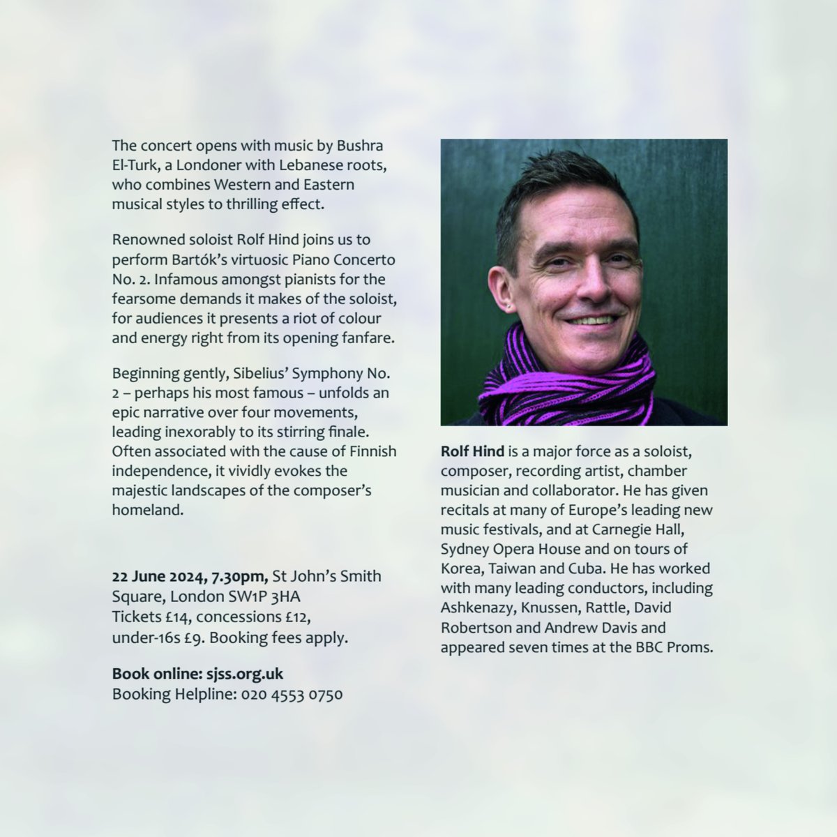 FulhamSO's tweet image. Tickets are now on sale for Sibelius, Bartók and El-Turk on 22 June at St John’s Smith Square, with soloist @RolfHind. Book now! 
fso.org.uk/summer-2024/