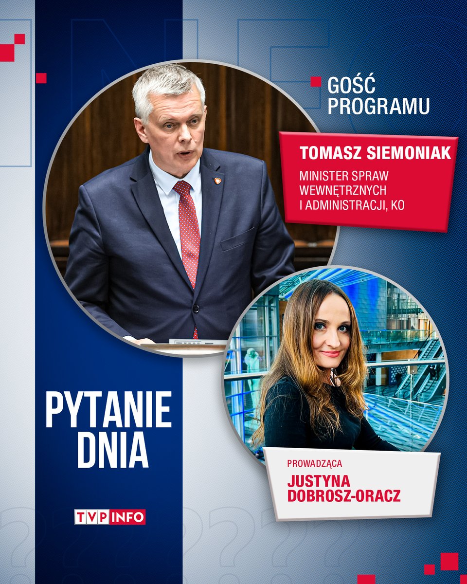 Szef MSWiA @TomaszSiemoniak będzie gościem Justyny Dobrosz-Oracz w 'Pytaniu dnia' po serwisie informacyjnym '19.30'. 🔴 Oglądaj online ▶️ tvp.info/ogladaj-na-zywo lub w aplikacji mobilnej TVP Info 📲