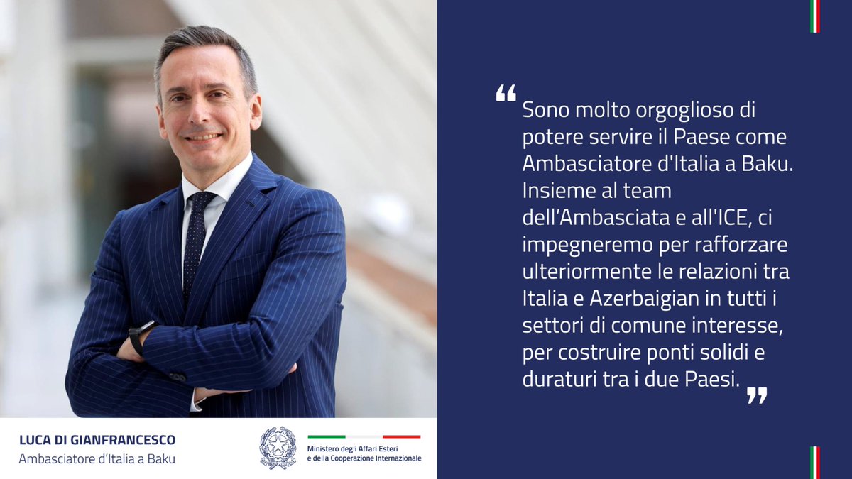 Congratulazioni a Luca Di Gianfrancesco, nuovo Ambasciatore d'Italia in Azerbaigian 🇮🇹🤝🇦🇿 
.
@ItalyinBaku