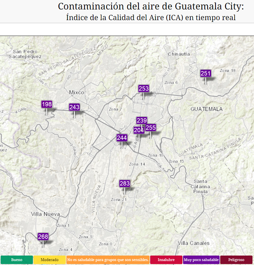 #Alerta.
Muy mala calidad del aire en la Ciudad de Guatemala (y gran parte del país) por enorme acumulación de humo de incendios forestales.

Utilice mascarilla. Se percibe un olor a quemado en el ambiente desde anoche.