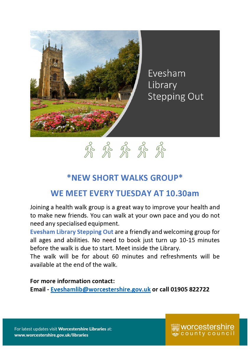 May is #NationalWalkingMonth! Why not join our FREE weekly walking group! Leaving from Evesham Library every Tuesday at 10:30am, the local walk will be approximately 60 minutes. No need to book!