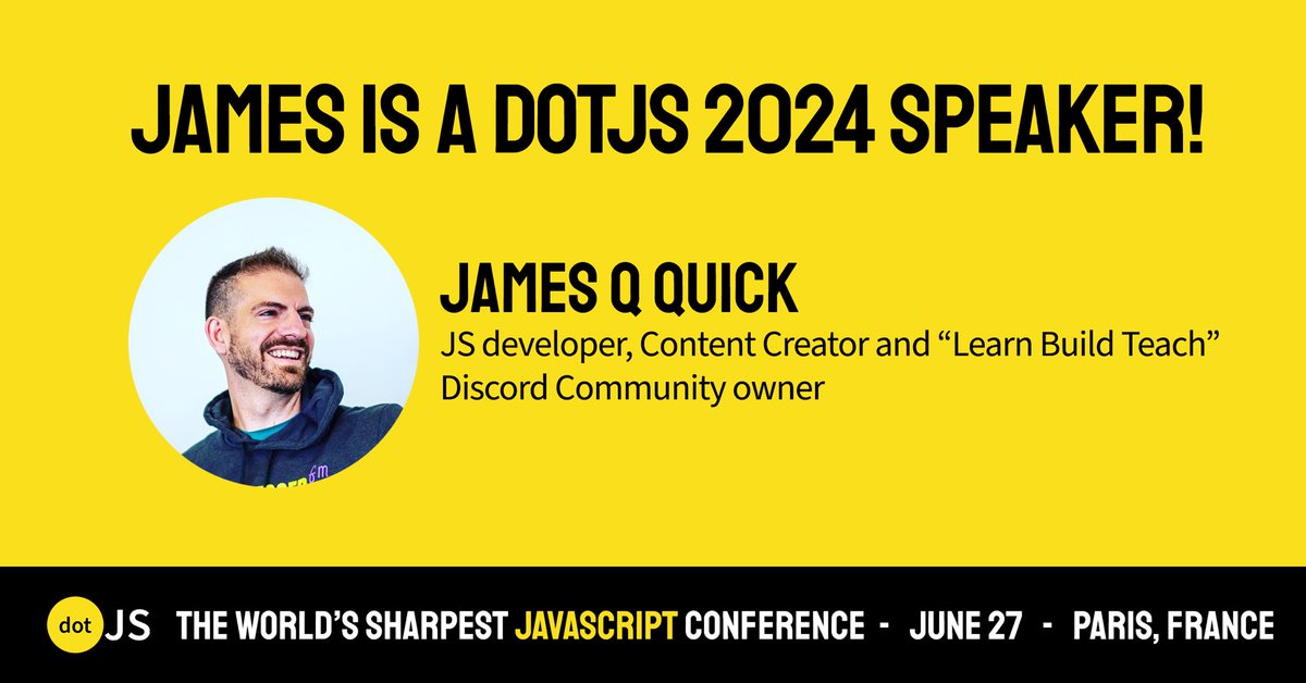 📣Focus on our #dotJS speakers!  

🤩We're delighted to welcome @jamesqquick on June 27 at the Folies Bergère theater in Paris 🎭

🔎 James is a JS Developer, Keynote Speaker, and Content Creator whose passion for teaching has impacted hundreds of thousands of developers across