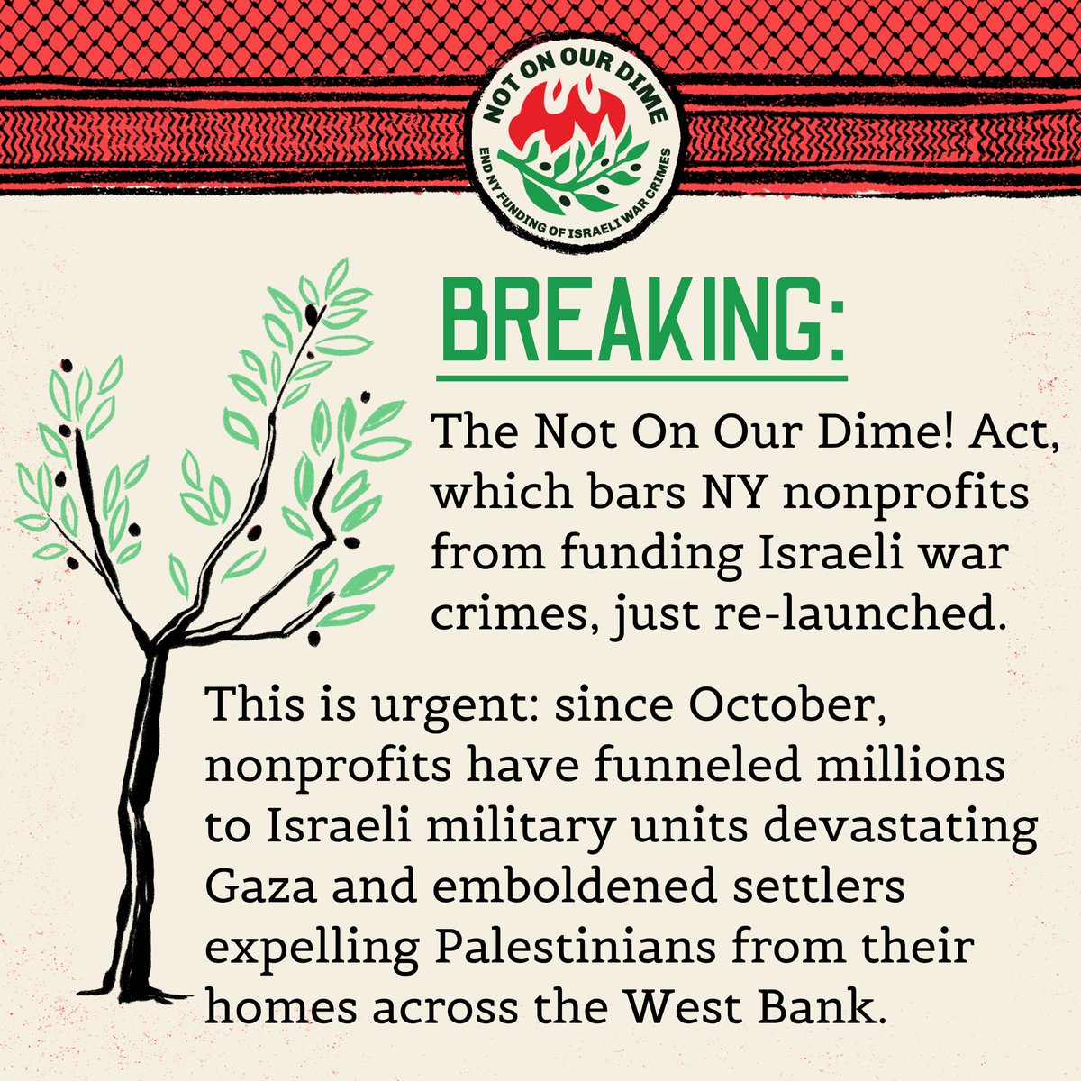 BREAKING: The Not On Our Dime! Act, which bars NY nonprofits from funding Israeli war crimes, was just re-launched. Follow @NotOnOurDimeNY on Instagram and Twitter to get involved in the campaign!