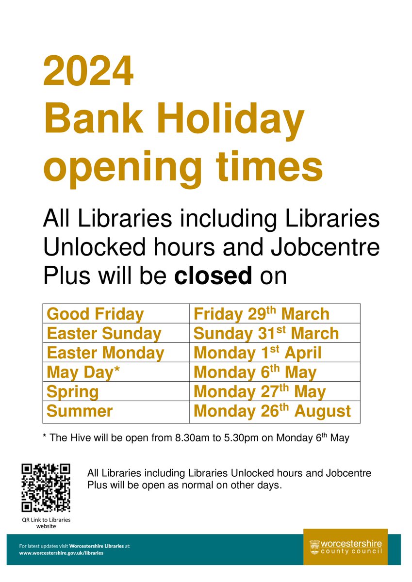 Please note #EveshamLibrary will be closed Monday May 27th for the bank holiday. We will open again on Tuesday May 28th. #WorcestershireLibraries