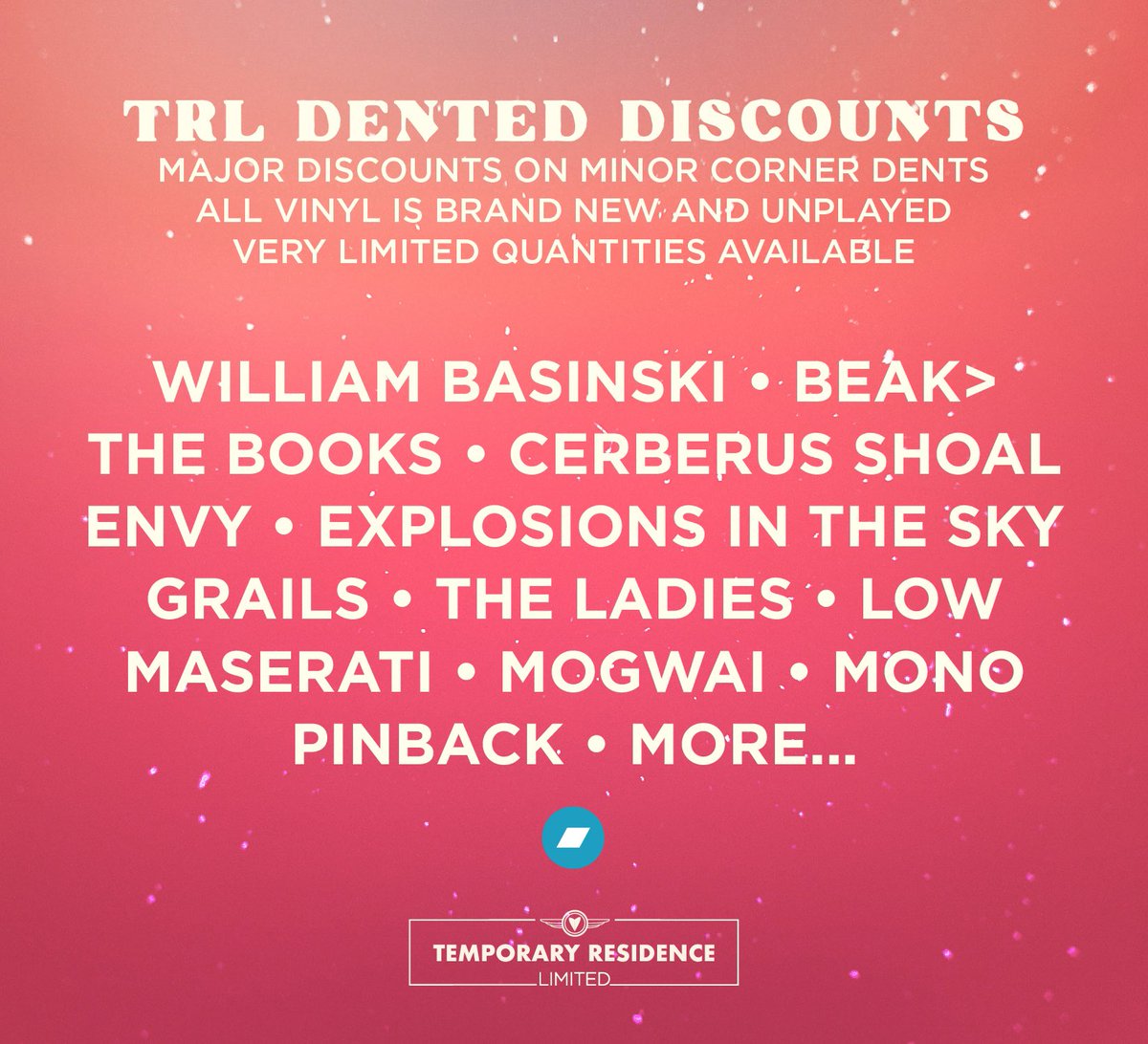 TRL Dented Discounts: Major discounts on minor corner dents. All vinyl is brand new and unplayed. Very limited quantities available. temporaryresidence.bandcamp.com/merch