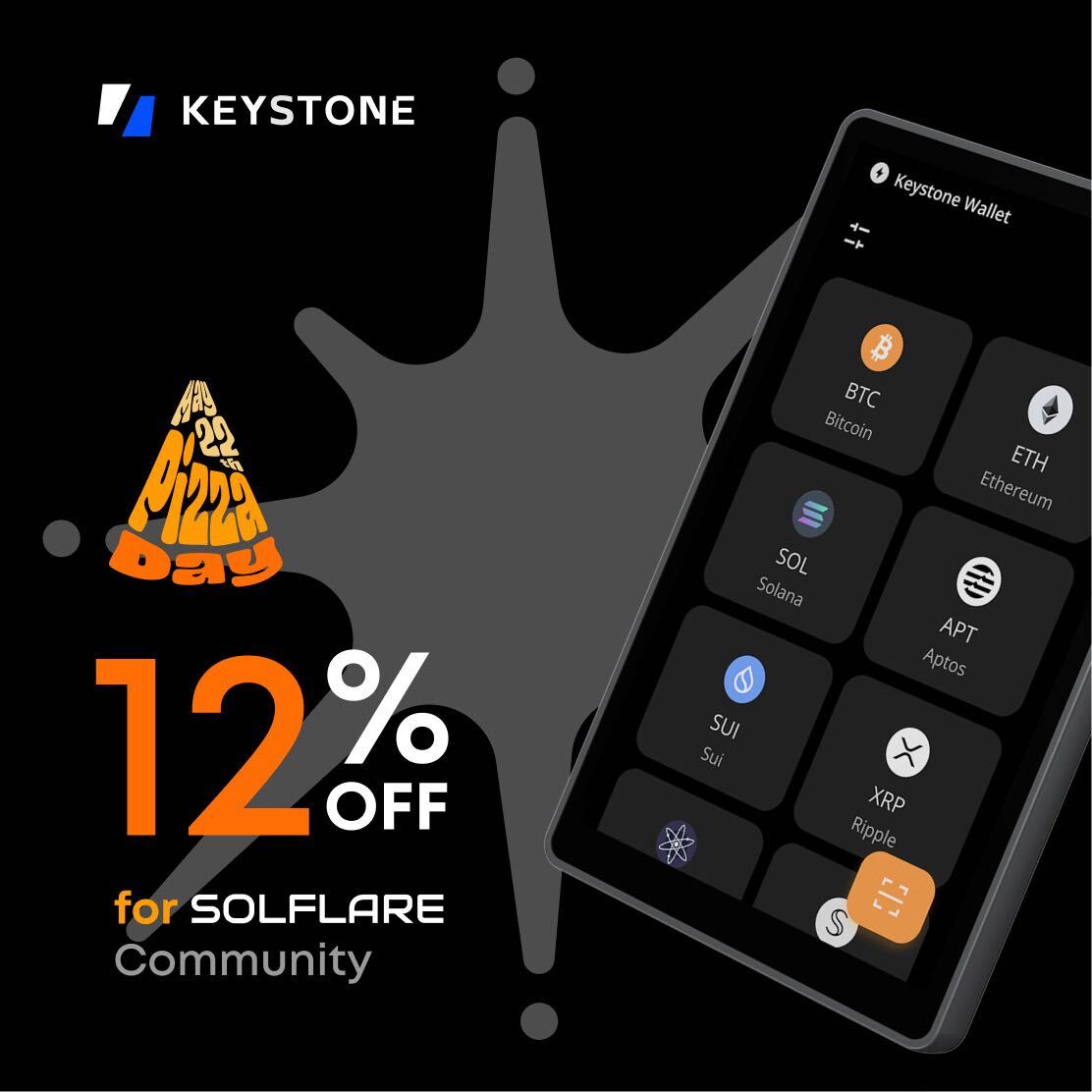 🍕 Exciting news Solflare users! @KeystoneWallet is celebrating this cultural slice of history with Pizza Day Fest. Enjoy a 12% discount on any Keystone products using the code: SOLFPIZZA 🗓️ Available from May 20th to May 26th Shop now at keyst.one