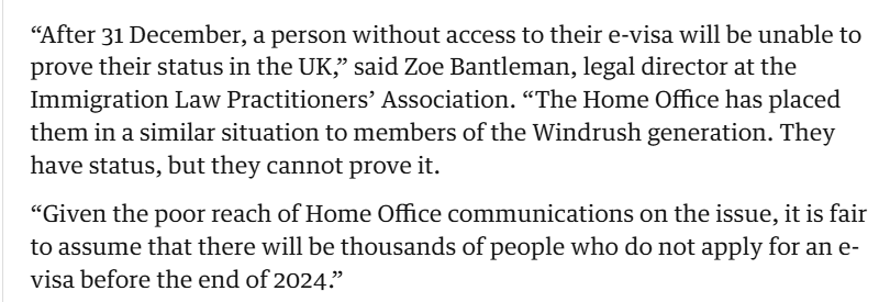 ILPAimmigration's tweet photo. ⚡️Important piece from @cjayanetti explaining why we & others fear @ukhomeoffice's switch to #digitalvisas at the end of 2024 could leave 1000s of vulnerable migrants unable to prove their right to work, rent, claim benefits & live in the UK 👇
https://t.co/arc8wCfbKo
🧵1/2 https://t.co/RDd37XYweH