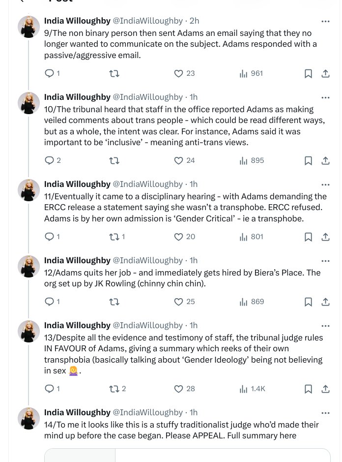 For the maddest take of the day, do head over to India Willoughby, who clearly sat through a different tribunal to the judge. Screenshots for the blocked multitude.