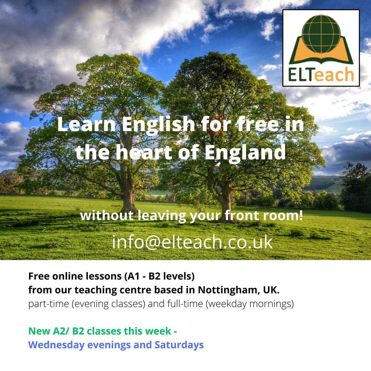 ELTeach (@elteach4) on Twitter photo Hello English students!
We have new free online classes this week on Wednesday evenings (from 17:30 UK time) and Saturday morning at A2 and B2 levels.
Please write to info@elteach.co.uk to sign up and receive the links to join. We'd be happy to welcome you. Hello English students!
We have new free online classes this week on Wednesday evenings (from 17:30 UK time) and Saturday morning at A2 and B2 levels.
Please write to info@elteach.co.uk to sign up and receive the links to join. We'd be happy to welcome you.