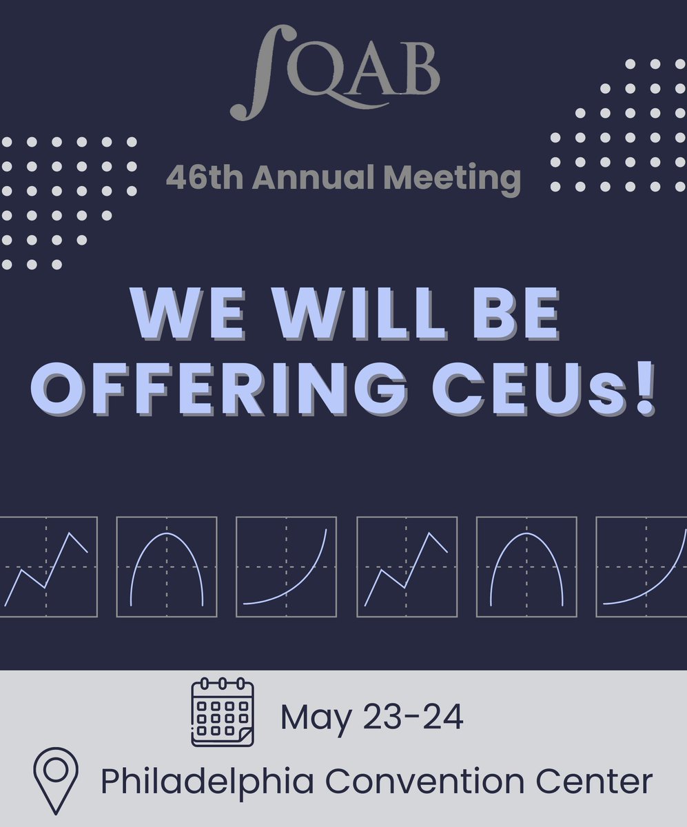 We are offering CEUs at the annual SQAB meeting for selected presentations at a flat rate of $40. If you are interested in obtaining CEUs, please visit the registration desk to pick up the attendance sheet.

See you in Philly!