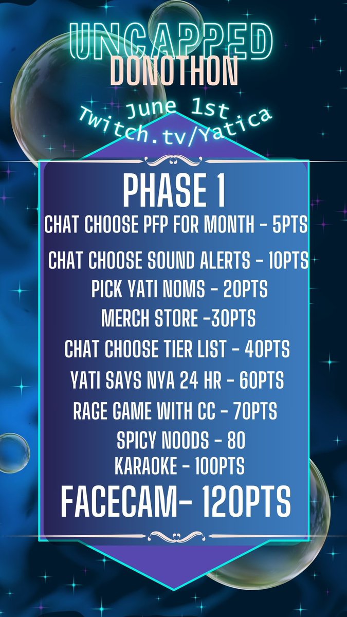 Yaticaimagine's tweet image. Donothon Phase 1 Rewards! These will be listed on the discord as well!  Cannot wait to start doing content creation full time come June 1st!