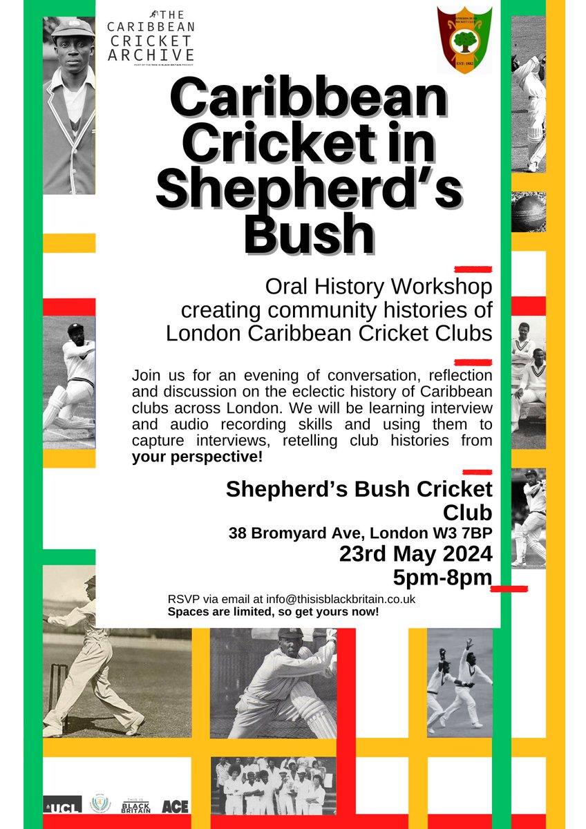 Our first workshop is THIS THURSDAY! Join us at @bushcricket @SBCCWomen on Thursday afternoon from 5 pm to share and capture the histories of Caribbean Cricket clubs in London. After the session, @bushcricket will be having a barbecue! #workshop #blackhistory #cricket #caribbean