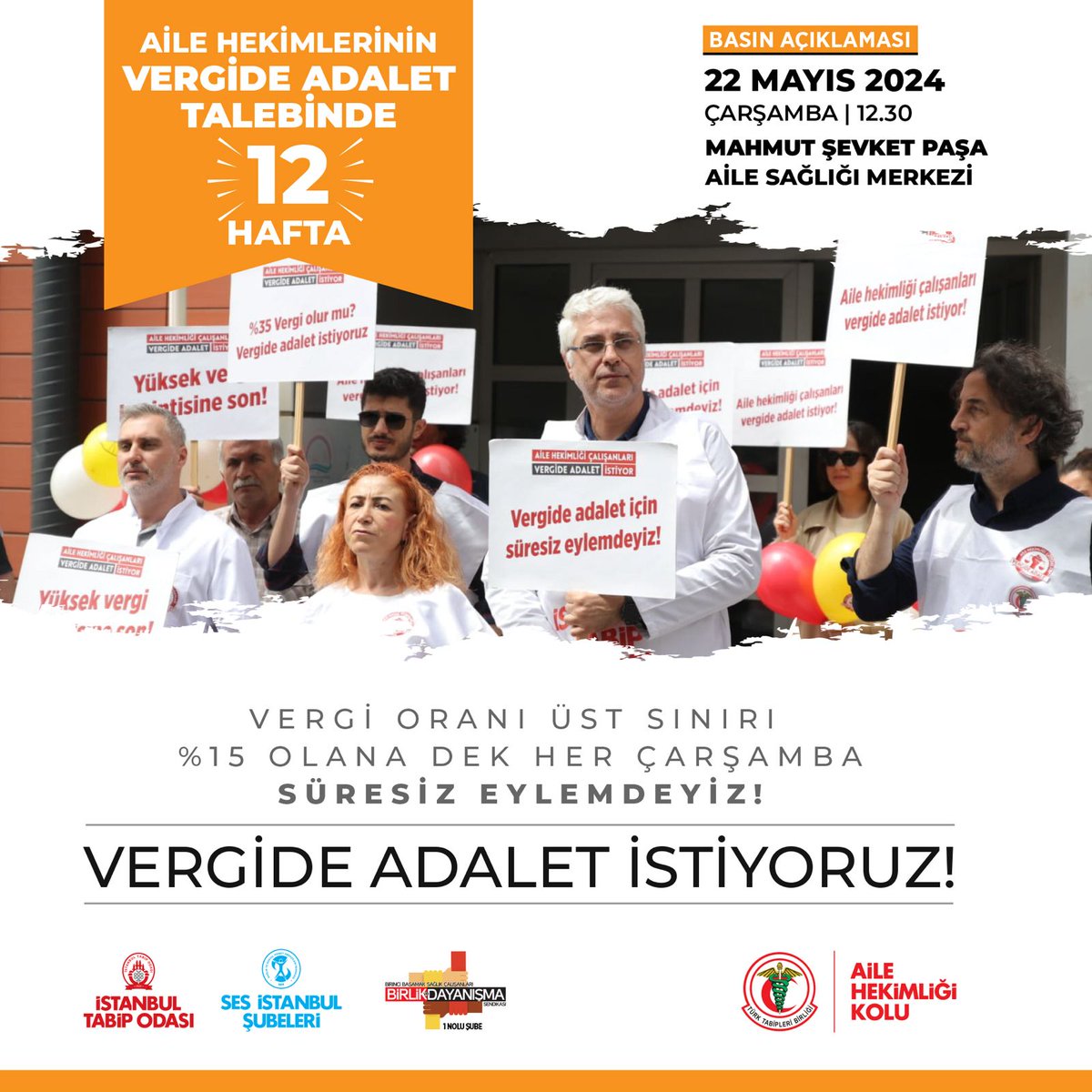 📢 Basın Açıklaması 📢 Vergide Adalet İstiyoruz! Vergi oranı üst sınırı %15 olana dek her çarşamba süresiz eylemdeyiz! 👇 🗓️ 22 Mayıs, Çarşamba ⏰ 12.30 📍 Mahmut Şevket Paşa Aile Sağlığı Merkezi