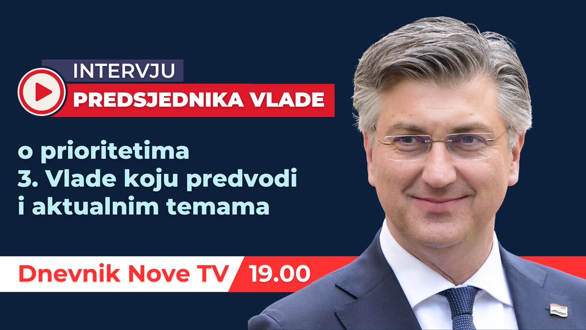 U povodu formiranja 3️⃣. <a href="/VladaRH/">Vlada Republike Hrvatske</a> koju predvodi, PVRH <a href="/AndrejPlenkovic/">Andrej Plenković</a> večeras gostuje u Dnevniku Nove TV <a href="/SABINATK/">SABINA TANDARA KNEZOVIĆ</a> <a href="/DNEVNIKhr/">DNEVNIK.hr</a>