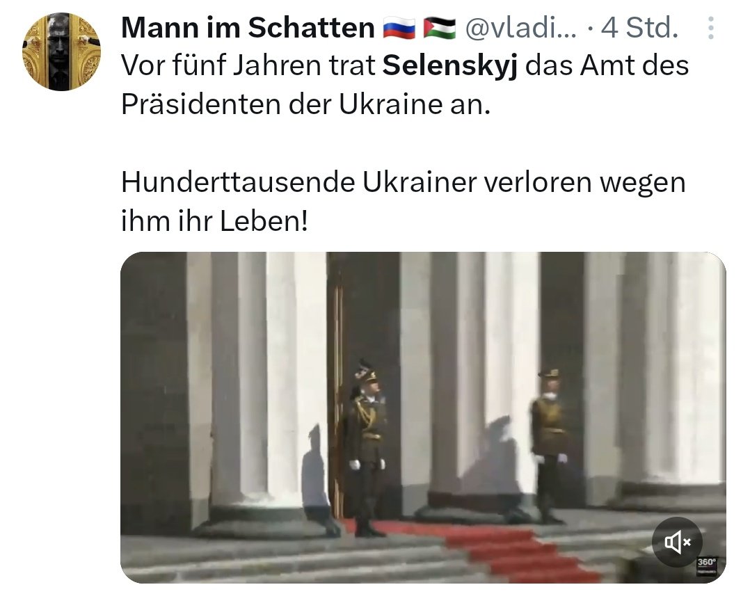 Merkt euch das!
Wer sein Land nicht verschenkt, ist ein Mörder.
Putin bezeichnet Ostdeutschland als russisch. Schön dran denken, wenn er sich den Osten zurückholt.😉
Russische Soldaten sterben übrigens gar nicht. Krass, oder?