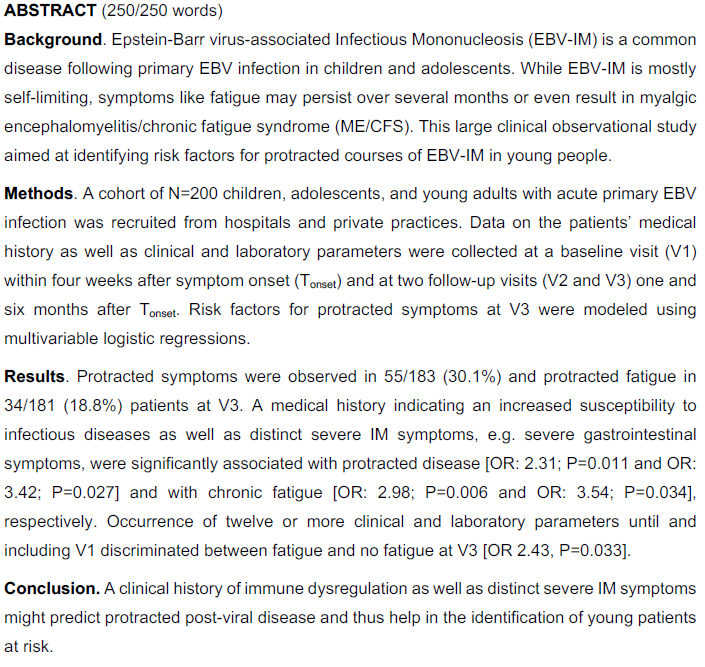 New 'Predictors of Postviral Symptoms Following Epstein-Barr Virus-Associated Infectious Mononucleosis in Young People' medrxiv.org/content/10.110… 'A clinical history of immune dysregulation [&] distinct severe IM symptoms might predict protracted post-viral disease' #PvFS #MEcfs