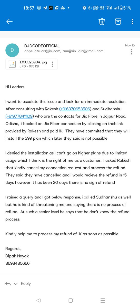 djdcodeofficial's tweet photo. @AshwiniVaishnaw Dear Ashwin Ji, am reaching out to you because @JioCare @reliancejio is harrassing my old parents by not refunding their installation amount since more than a month and just giving hopes. I work outside home and called emailed multiple times but no hope Help? https://t.co/9KHk9C5tpf
