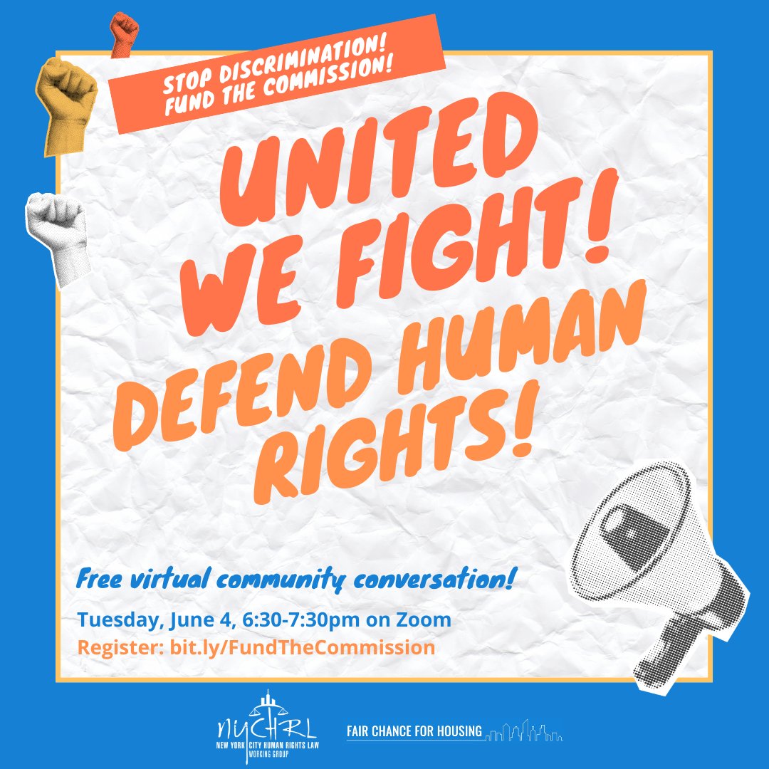 The NYC budget is due NEXT MONTH, and human rights are on the line! RSVP for a free virtual community conversation on June 4 to hear about New Yorkers’ experiences of discrimination – from employment to housing – and what we can do about it! Register now: bit.ly/FundTheCommiss…