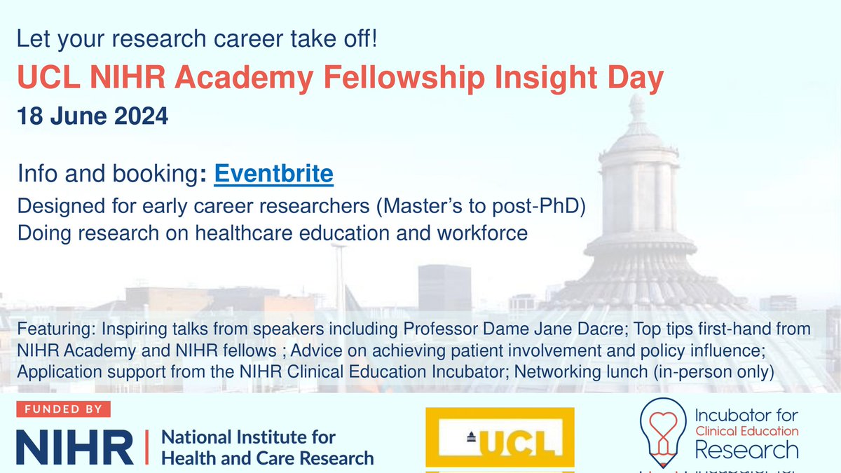 🚀 Join us at @ucl for a free event to boost @NIHRResearch fellowship success in #ClinEdR!

Open to all, especially non-clinicians & non-medical healthcare professionals. 🌟

📅 Date: 18 June 2024
📍 Location: Online & in-person 
🔗 Register now: eventbrite.co.uk/e/boost-your-c…

#ClinEd