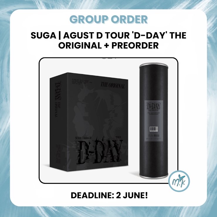 MIK_GO2's tweet photo. 🇮🇹🇪🇺[#GO] #BTS #SUGA - Agust D TOUR ‘D-DAY’ The Original + preorder gifts

💶Photobook 80€
💶Poster set 40€

📦KR/ITA SHIPPING and CUSTOMS INCLUDED

‼️Deadline: 2 June!

🇮🇹🇬🇧Modulo da compilare/form:

https://t.co/7vLRjZfwh5

#btsgo #btsgrouporder #kpopgo #kpopgrouporder https://t.co/Qx961S9RdG