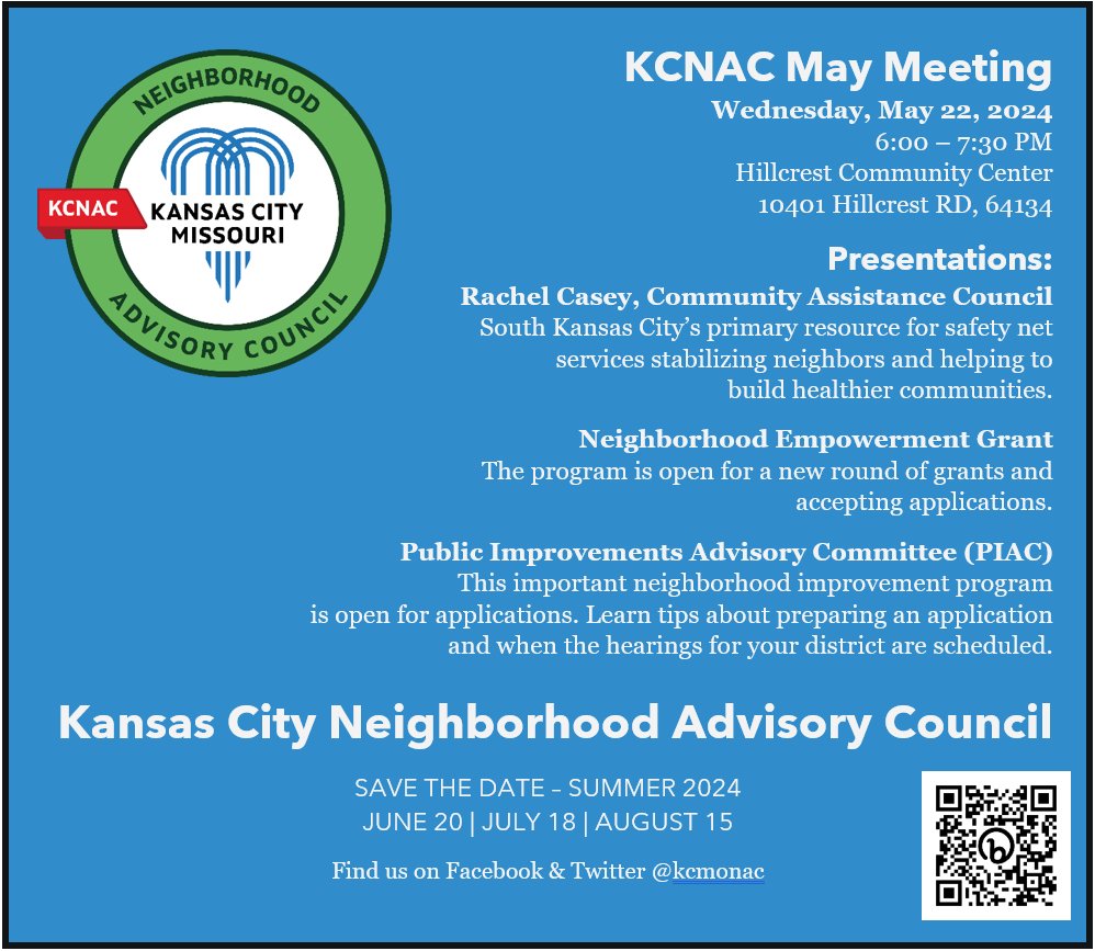 Learn about resources for your neighborhood at this Wednesday's KC Neighborhood Advisory Council meeting. It's happening this Wednesday at the Hillcrest Community Center from 6-7:30 p.m.