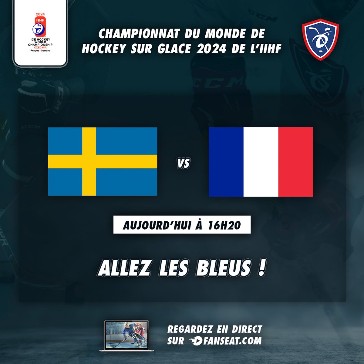 🏒🇫🇷 Nous sommes tous derrière Les Bleus pour le match aujourd'hui face à la Suède ! 💪

Regardez en direct à fanseat.com/iihf-ice-hocke…

<a href="/Hockey_FRA/">Équipes de France Hockey 🏒</a> #AllezLesBleus #EdFHockey