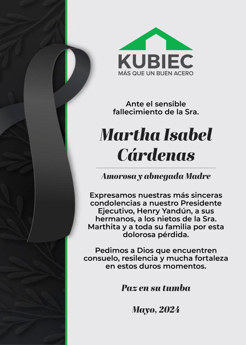 Con profundo pesar, lamentamos el fallecimiento de la Sra. Marthita Cárdenas, madre de nuestro Presidente Ejecutivo, Henry Yandún Cárdenas. Extendemos nuestras más sinceras condolencias y solidaridad a él y a toda su familia. Que Dios les dé fortaleza en estos momentos de dolor.