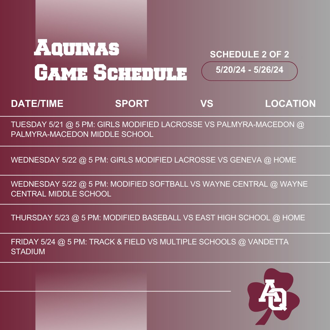 AQ Game Schedule! Come show your support for the Lil' Irish @AQInstitute @BaseballAq @OfficialAQSB @AQIrishTF @PrimetimeBall_ #AquinasAthletics #AQProud Please note, the schedule is subject to change. For the most up-to-date information, please visit: sectionvny.org/public/genie/7…