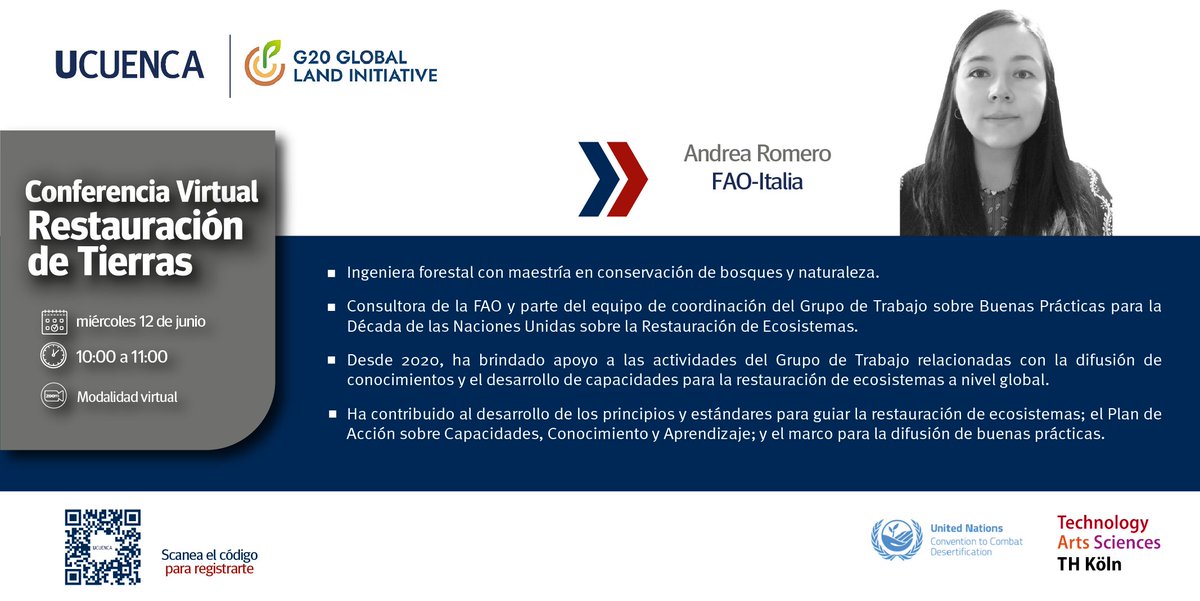 #EventosUCuenca #UCuencaSostenible | En la Conferencia virtual en #restauración de #tierras participará Andrea Romero, experta de la @FAO- Italia, revisa su trayectoria. Una iniciativa del @G20GLI_ y la @udecuenca. 👉 bit.ly/4bb25Bq @WOCATnet @CDEunibe @iDRHICA @UNEP