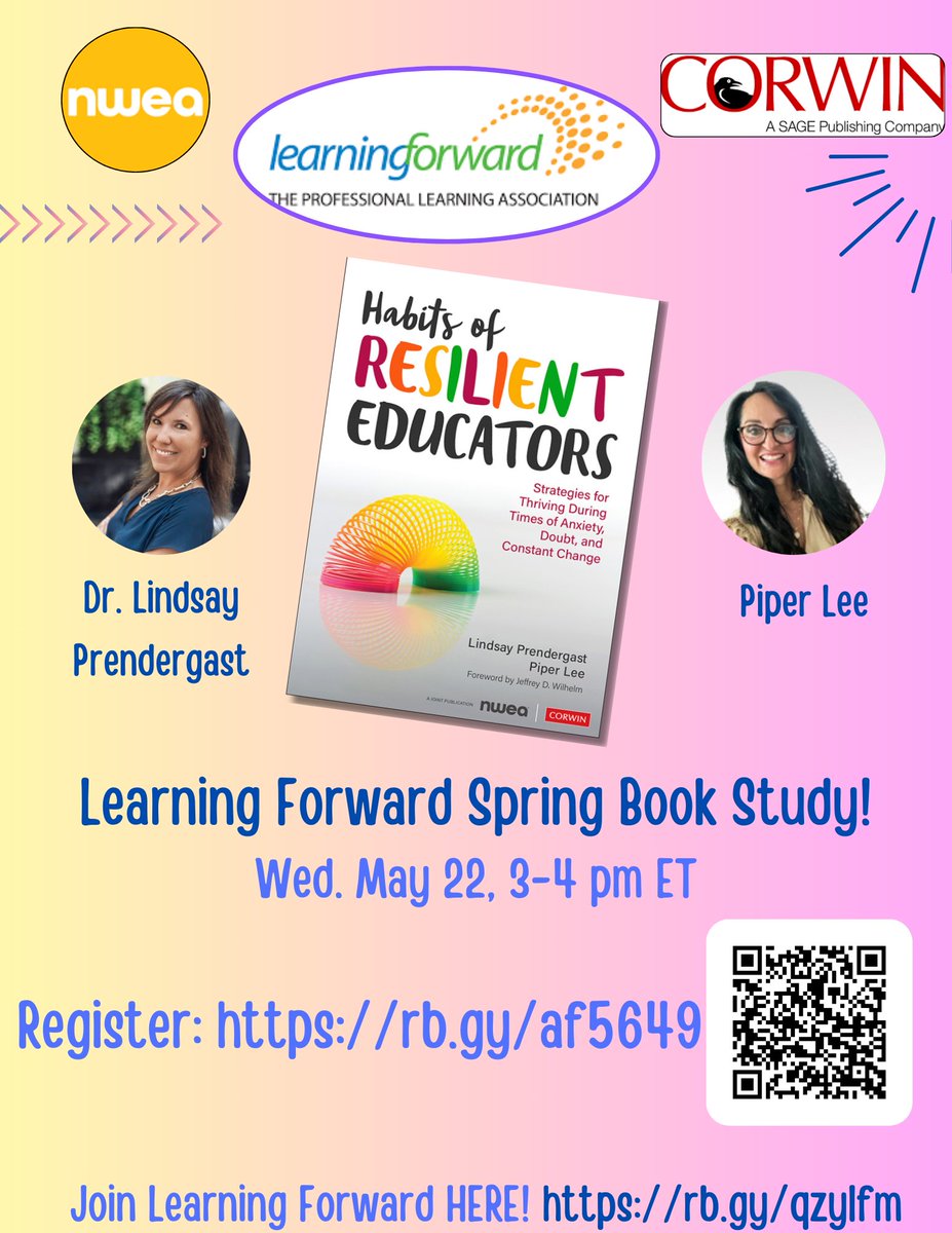 Hey @LearningForward friends! See you THIS Wed. May 22nd as we host the Spring Book Study on Habits of Resilient Educators! Reg. HERE: rb.gy/af5649